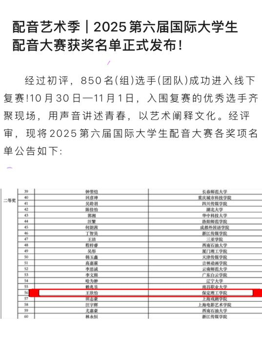 藝術學院播音與主持藝術專業學子榮獲 第六屆國際大學生配音藝術節全國二等獎